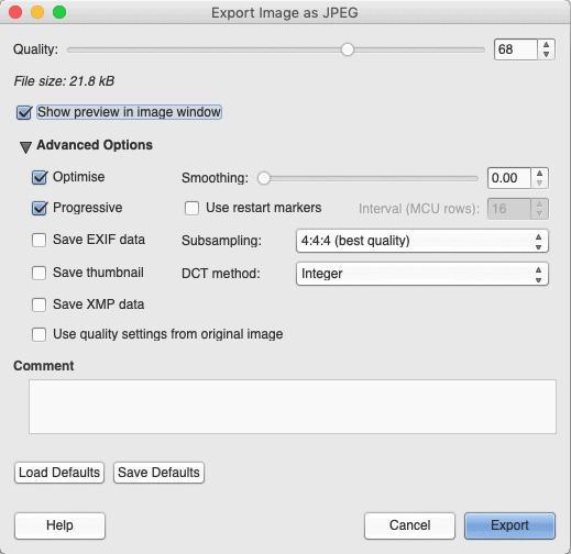 jpg export settings using gimp