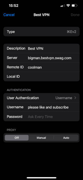 iPhone VPN settings