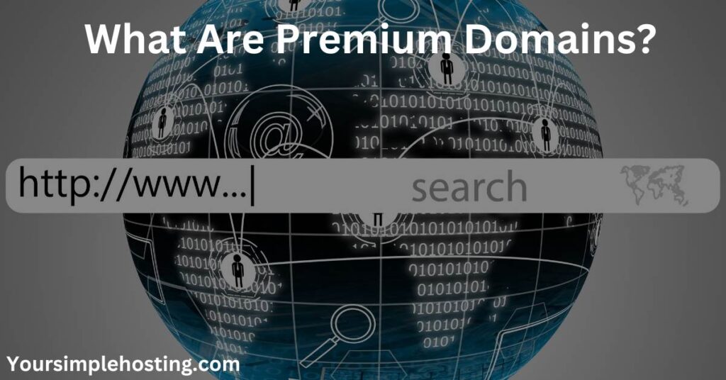 What Are Premium Domains, written in white. background of a globe with web search bar