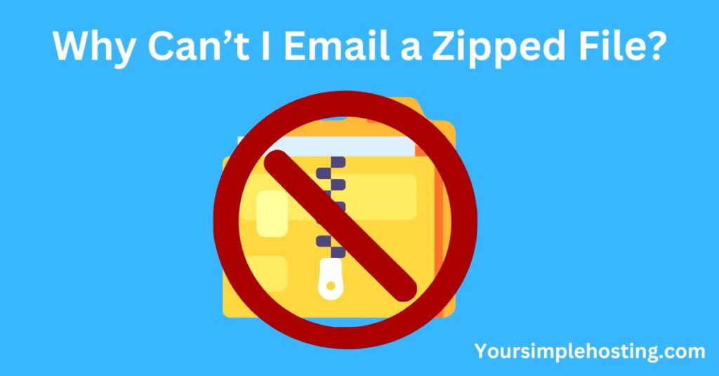 Why Can’t I Email a Zipped File written in white. A zipped folder with a red circle with a line through on a light blue background