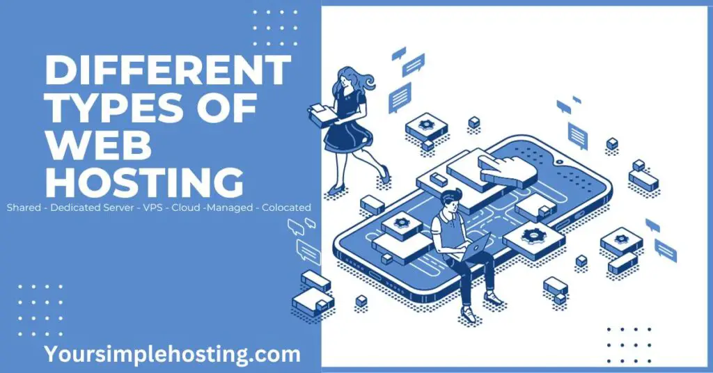 Image of a drawing of a Man and a women surrounded by hosting tech. Written in white is different types of web hosting. Shared - Dedicated Server - VPS - Cloud -Managed - Colocated