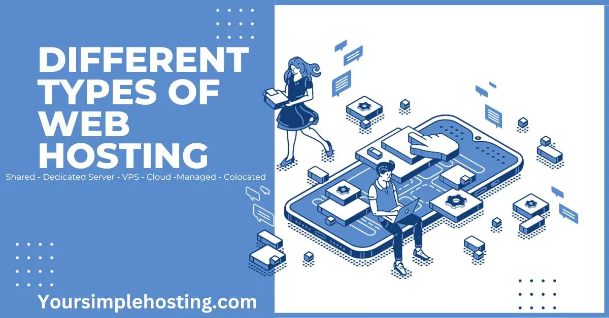 Image of a drawing of a Man and a women surrounded by hosting tech. Written in white is different types of web hosting. Shared - Dedicated Server - VPS - Cloud -Managed - Colocated